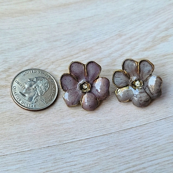 Vintage Purple Enamel Rhinestone Flower Earrings - Picture 2 of 3